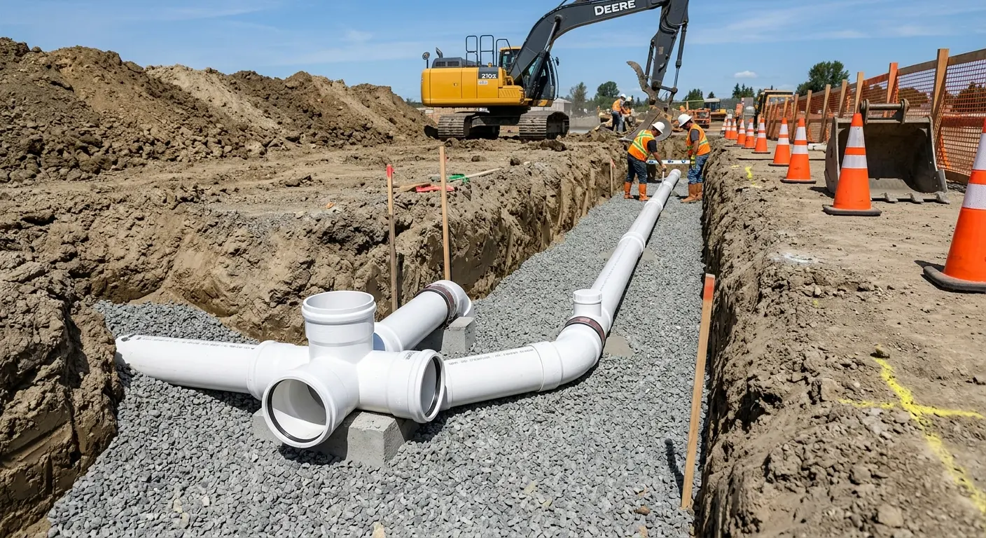 New PVC sewer pipe installation in open trench for Commercial Drain Cleaning in Somers Point