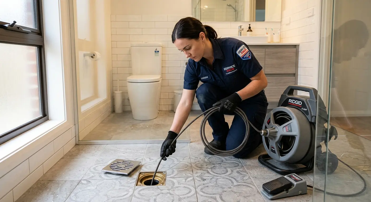Technician clearing a bathroom floor drain for Drain Repair in Somers Point